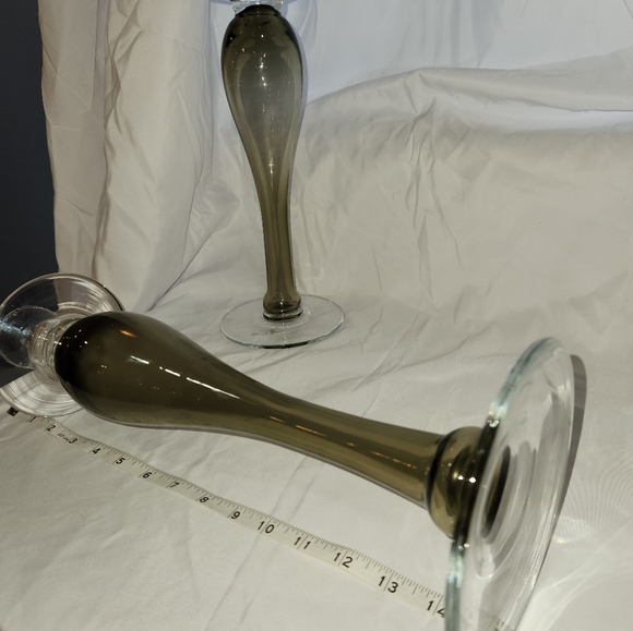 Smokey Gray Glass Candlesticks - Picture 6 of 7